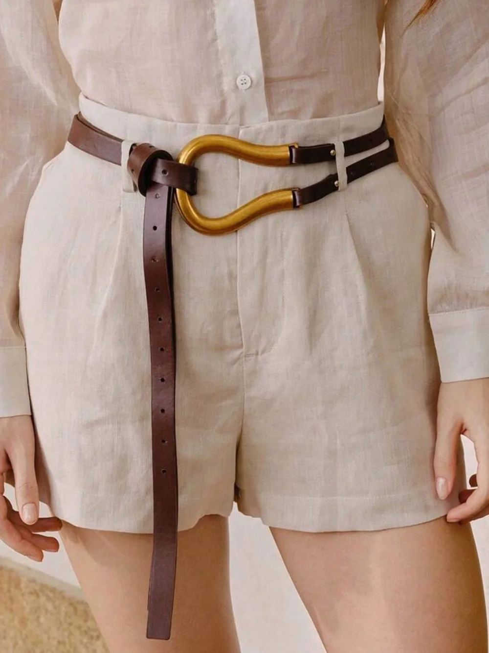 Shoe-horse Brown Vegan Leather Belt with Gold Sculptural Buckle